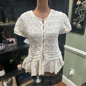 Zara Crochet Eyelet Lace Sweater – Size M – White Peplum Boho Cottagecore